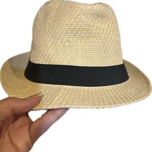 STYLISH FEDORA HAT NATURAL CREAM WOVEN BLACK BAND L XL SUN SUMMER BEACH CHURCH